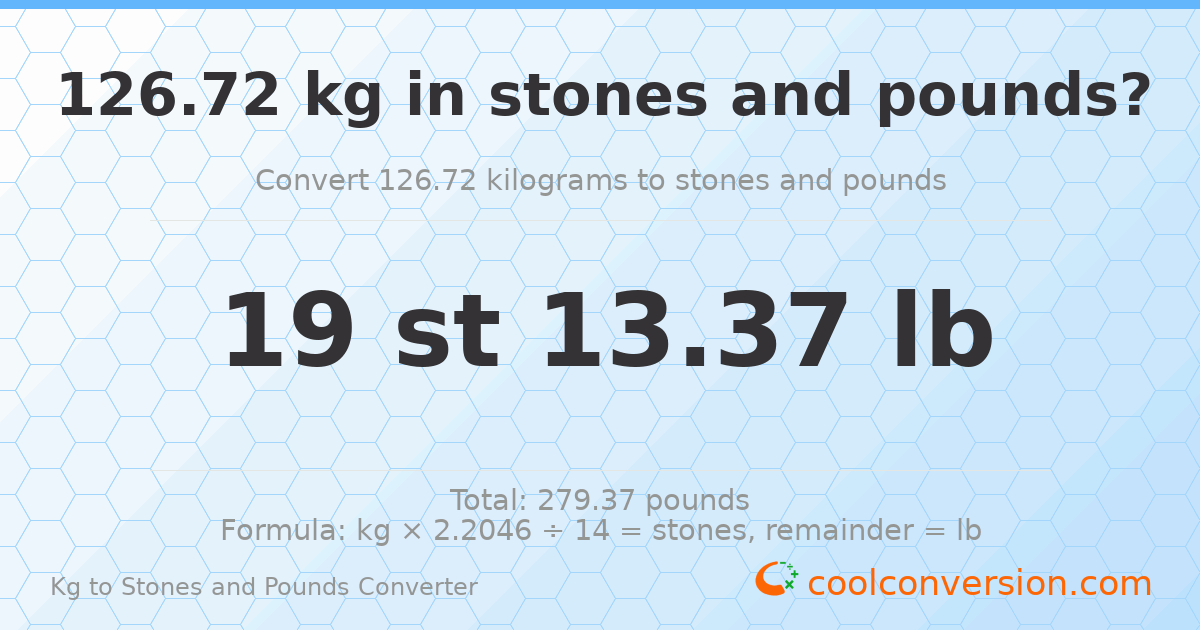 126.72 kg to stones and pounds — 126.72 kg = 19 st 13.37 lb