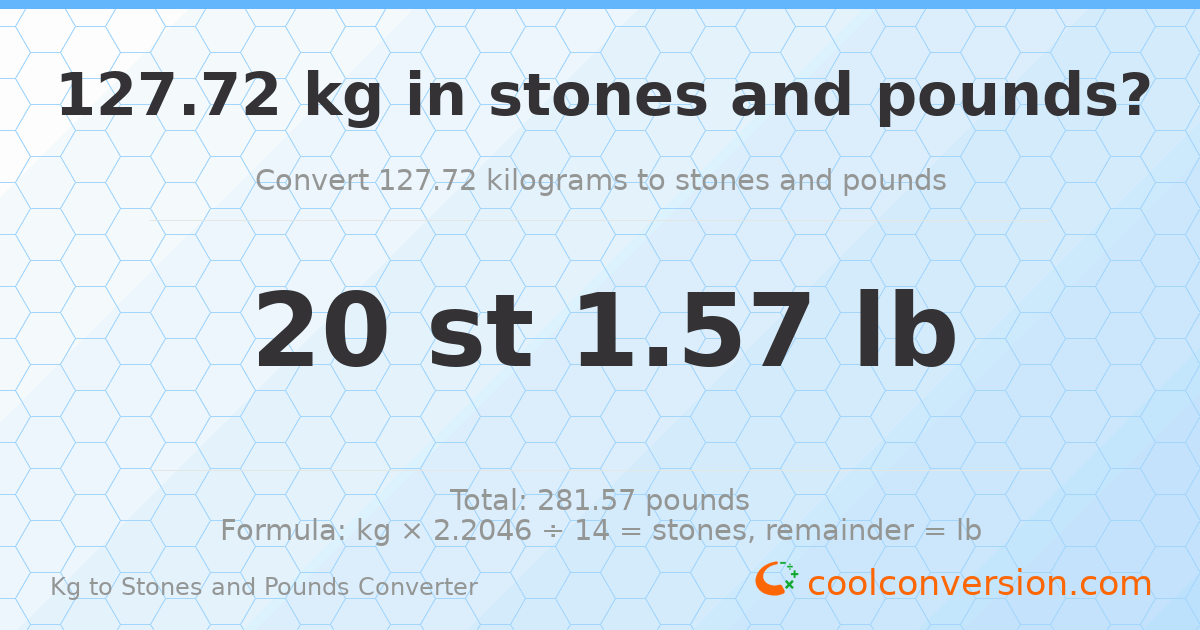 127.72 kg to stones and pounds — 127.72 kg = 20 st 1.57 lb