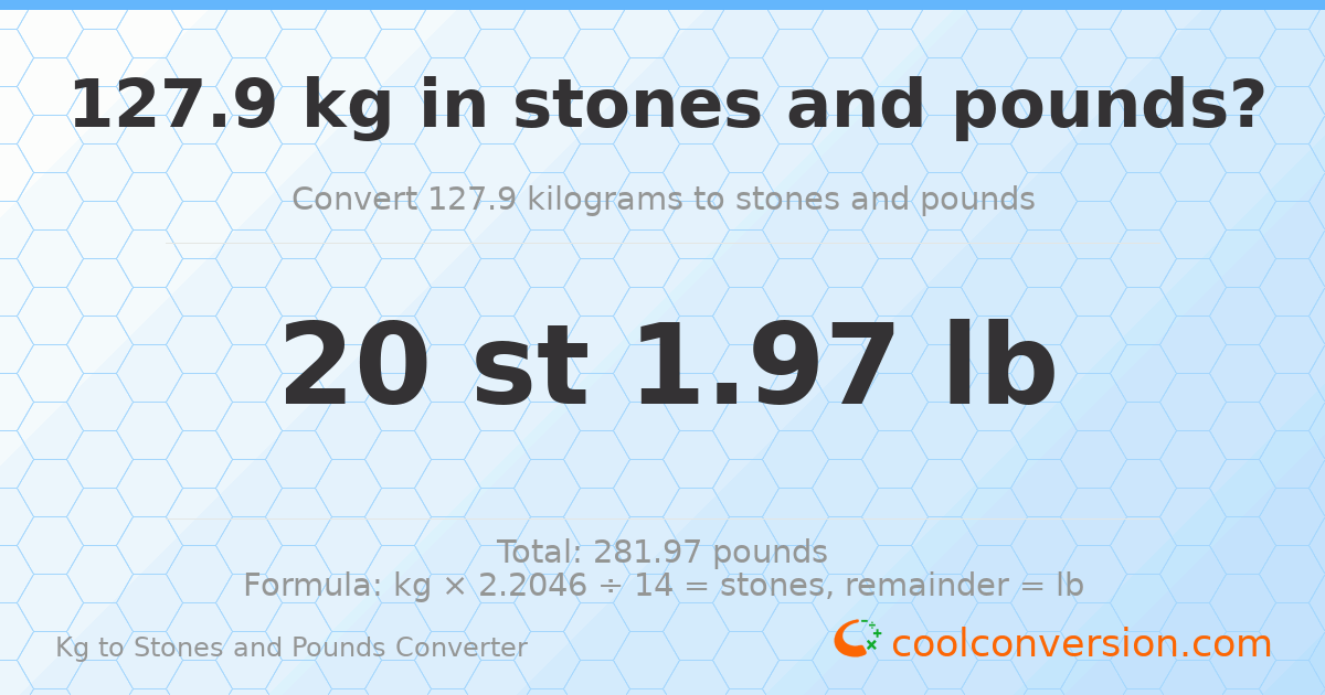 127.9 kg to stones and pounds — 127.9 kg = 20 st 1.97 lb