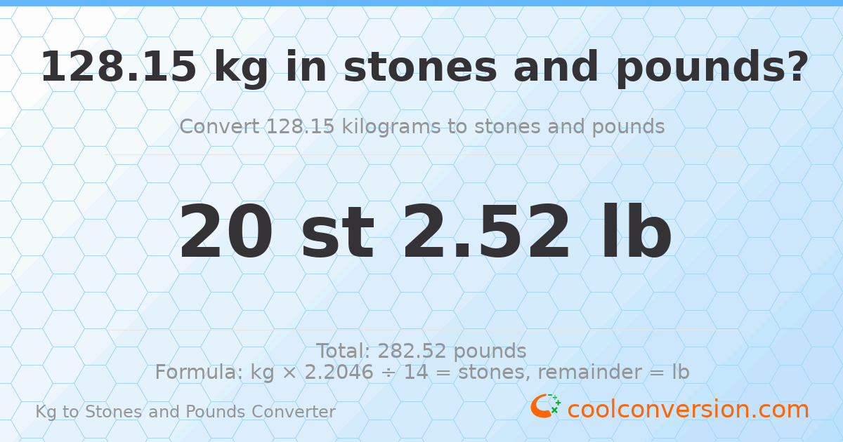 128.15 kg to stones and pounds — 128.15 kg = 20 st 2.52 lb