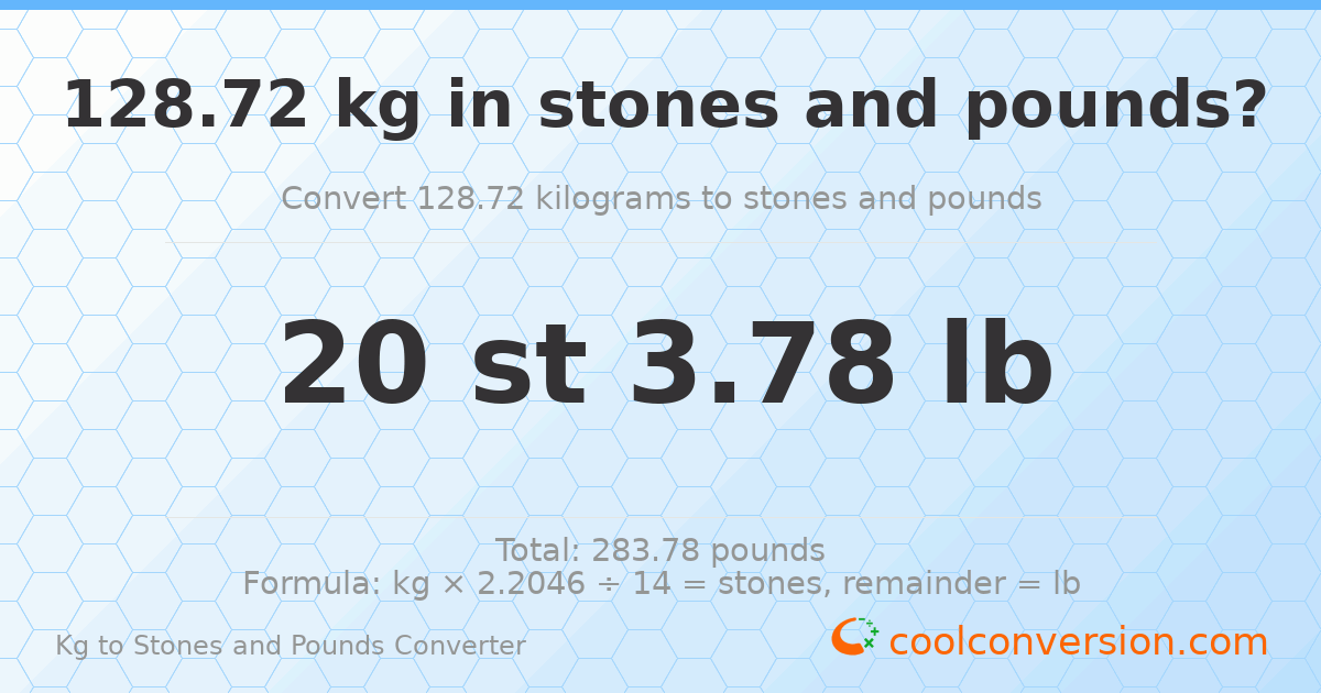128.72 kg to stones and pounds — 128.72 kg = 20 st 3.78 lb