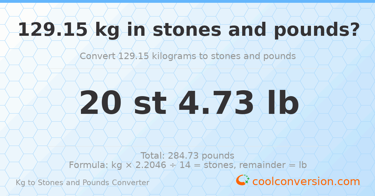 129.15 kg to stones and pounds — 129.15 kg = 20 st 4.73 lb
