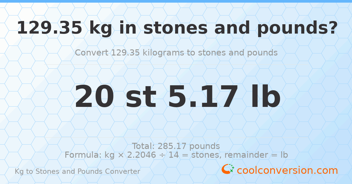129.35 kg to stones and pounds — 129.35 kg = 20 st 5.17 lb