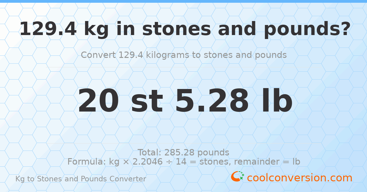 129.40 kg to stones and pounds — 129.40 kg = 20 st 5.28 lb