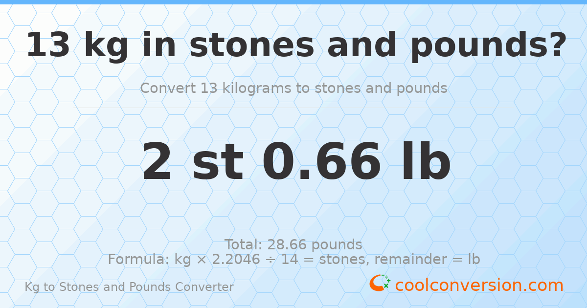 13 kg to stones and pounds — 13 kg = 2 st 0.66 lb