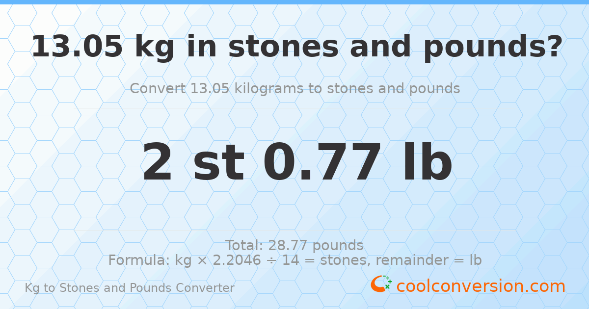 13.05 kg to stones and pounds — 13.05 kg = 2 st 0.77 lb