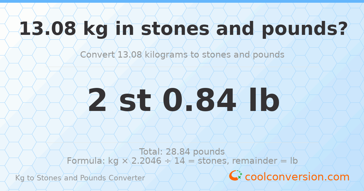 13.08 kg to stones and pounds — 13.08 kg = 2 st 0.84 lb