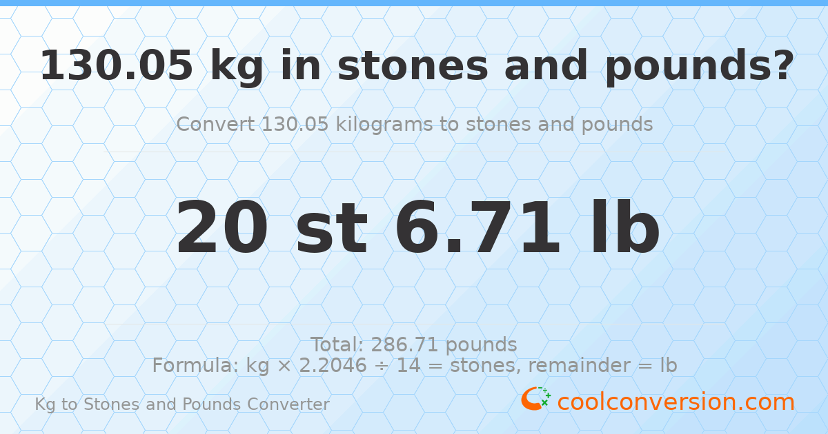130.05 kg to stones and pounds — 130.05 kg = 20 st 6.71 lb