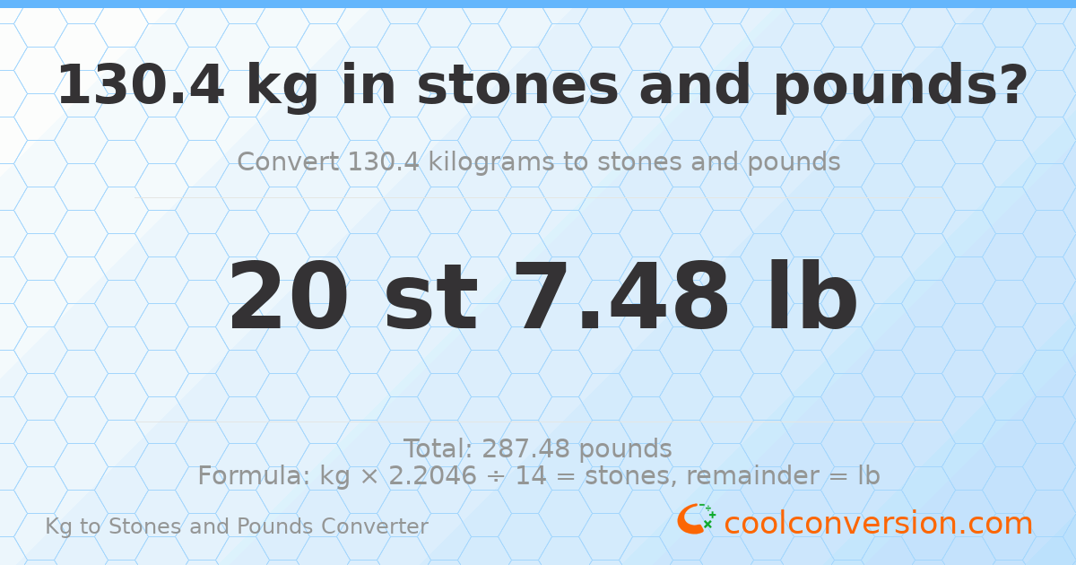 130.40 kg to stones and pounds — 130.40 kg = 20 st 7.48 lb