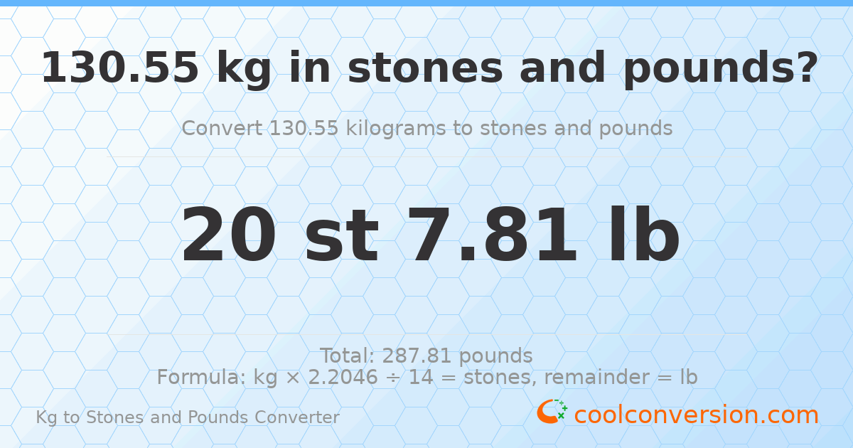 130.55 kg to stones and pounds — 130.55 kg = 20 st 7.81 lb