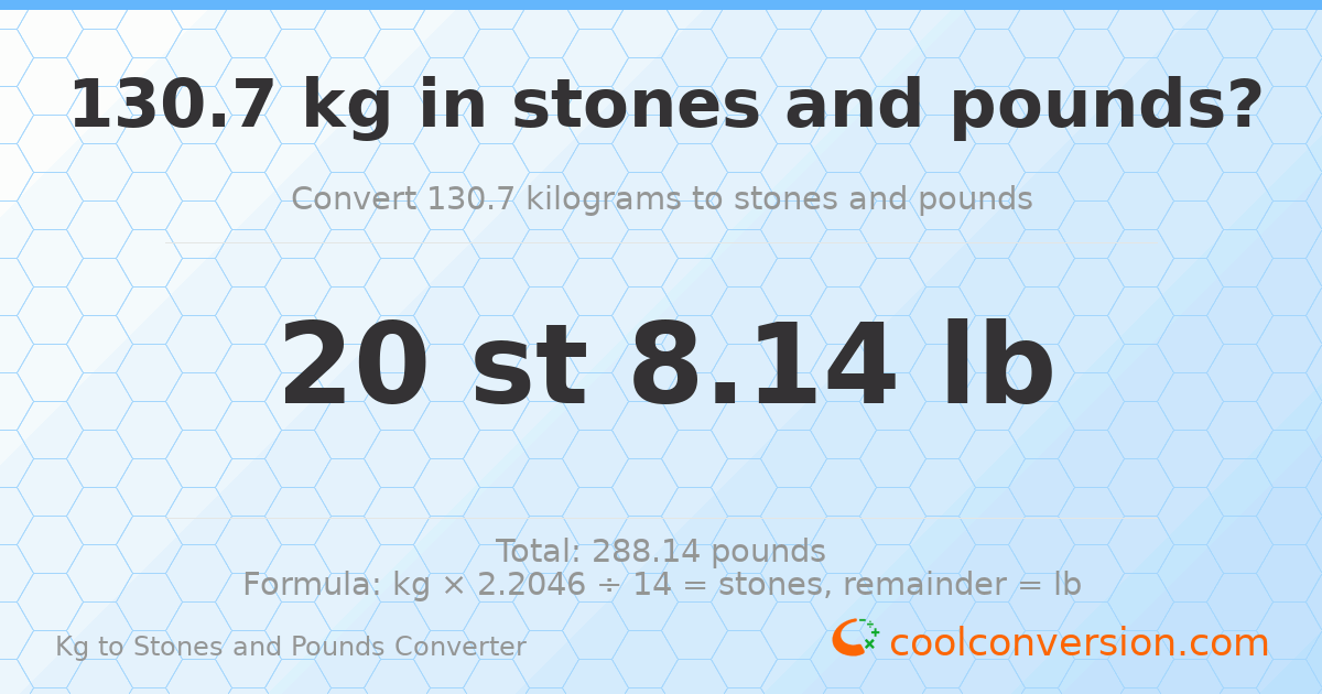 130.70 kg to stones and pounds — 130.70 kg = 20 st 8.14 lb