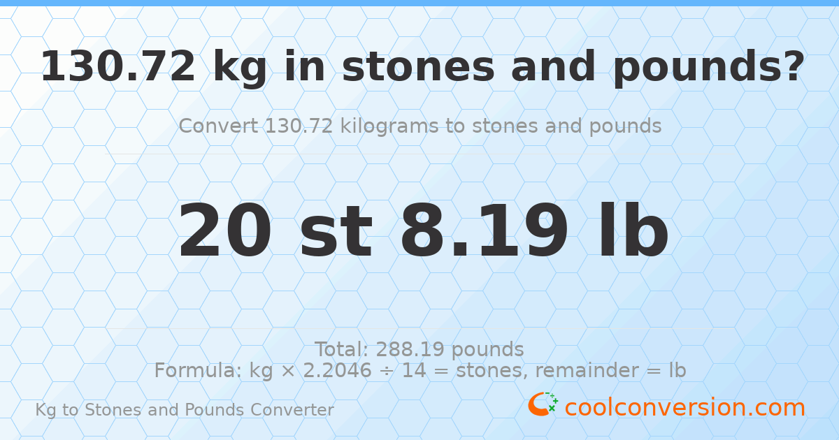 130.72 kg to stones and pounds — 130.72 kg = 20 st 8.19 lb