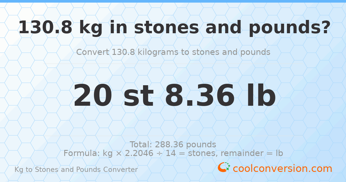 130.80 kg to stones and pounds — 130.80 kg = 20 st 8.36 lb