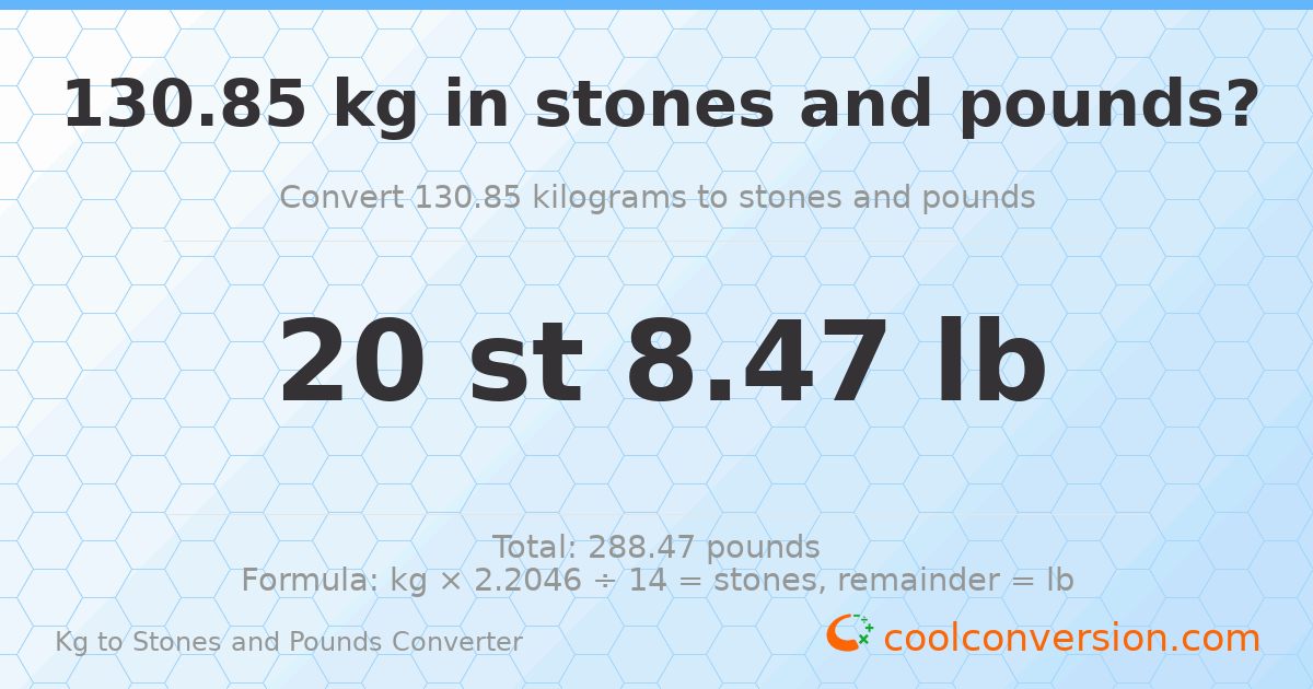 130.85 kg to stones and pounds — 130.85 kg = 20 st 8.47 lb