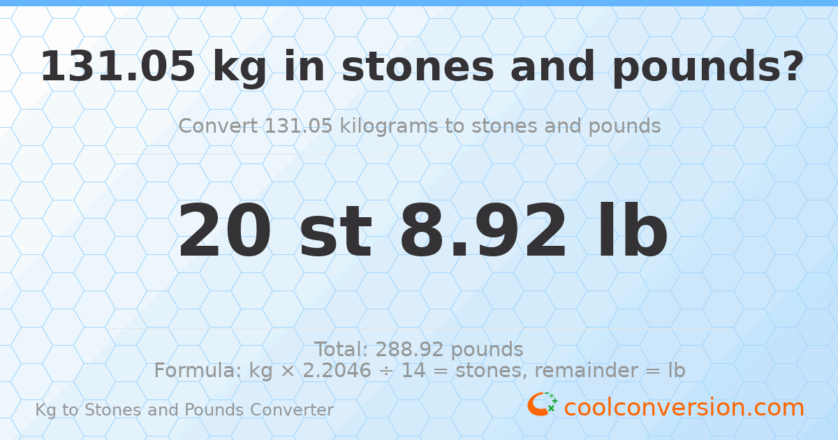 131.05 kg to stones and pounds — 131.05 kg = 20 st 8.92 lb