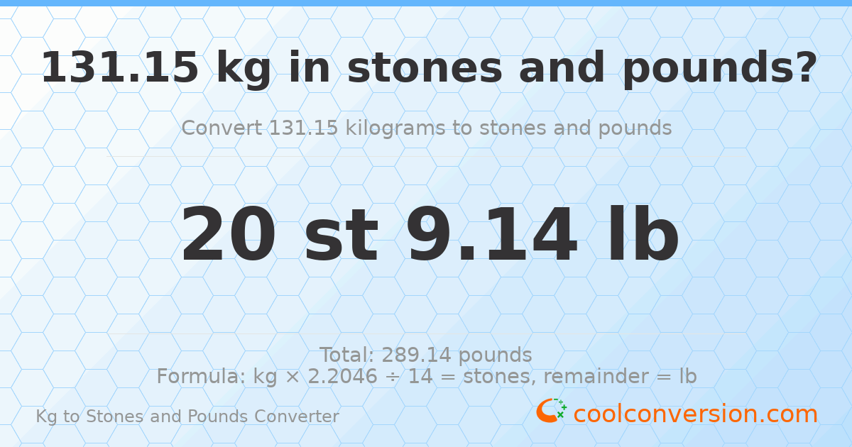 131.15 kg to stones and pounds — 131.15 kg = 20 st 9.14 lb