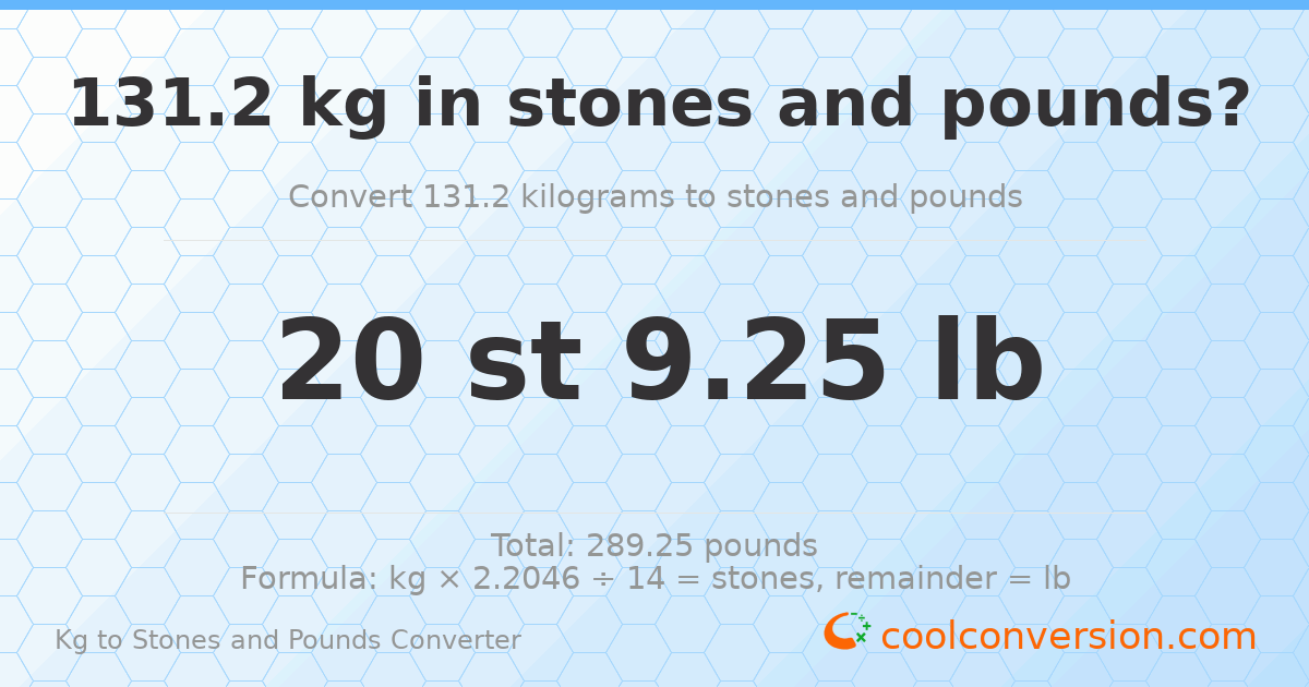 131.2 kg to stones and pounds — 131.2 kg = 20 st 9.25 lb