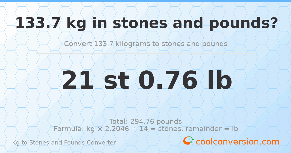 133.70 kg to stones and pounds — 133.70 kg = 21 st 0.76 lb