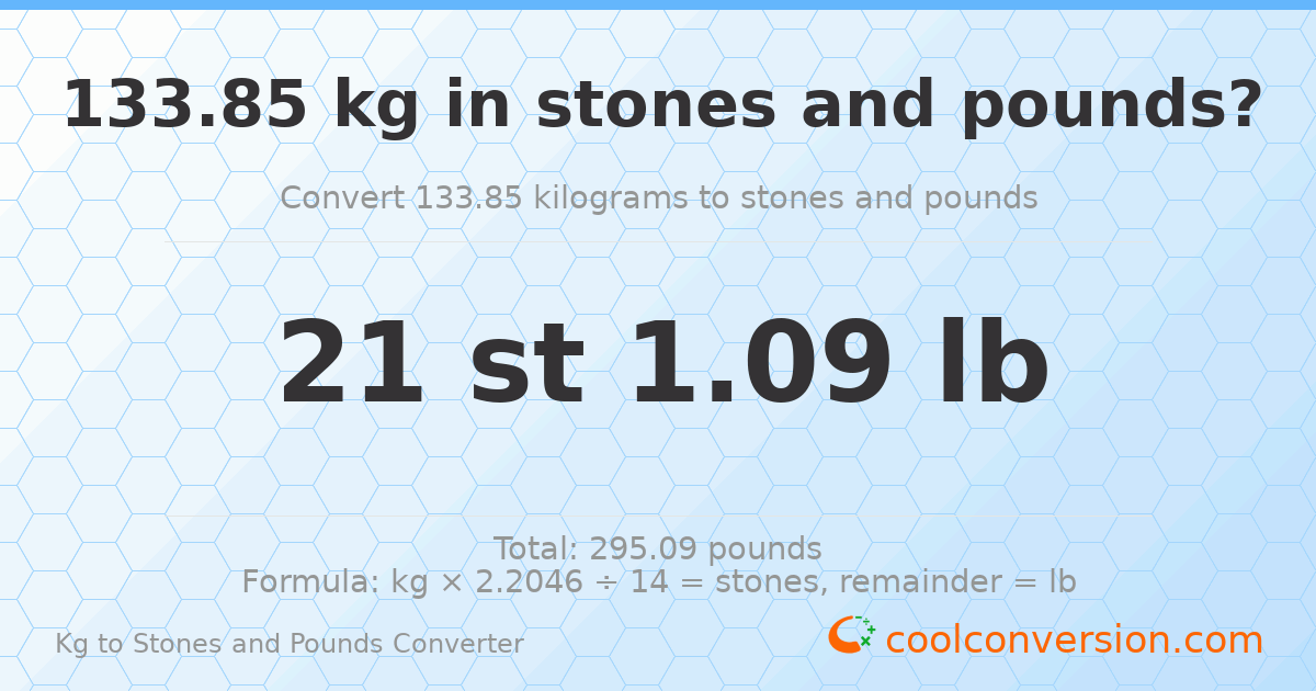 133.85 kg to stones and pounds — 133.85 kg = 21 st 1.09 lb