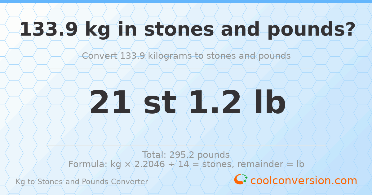 133.9 kg to stones and pounds — 133.9 kg = 21 st 1.20 lb