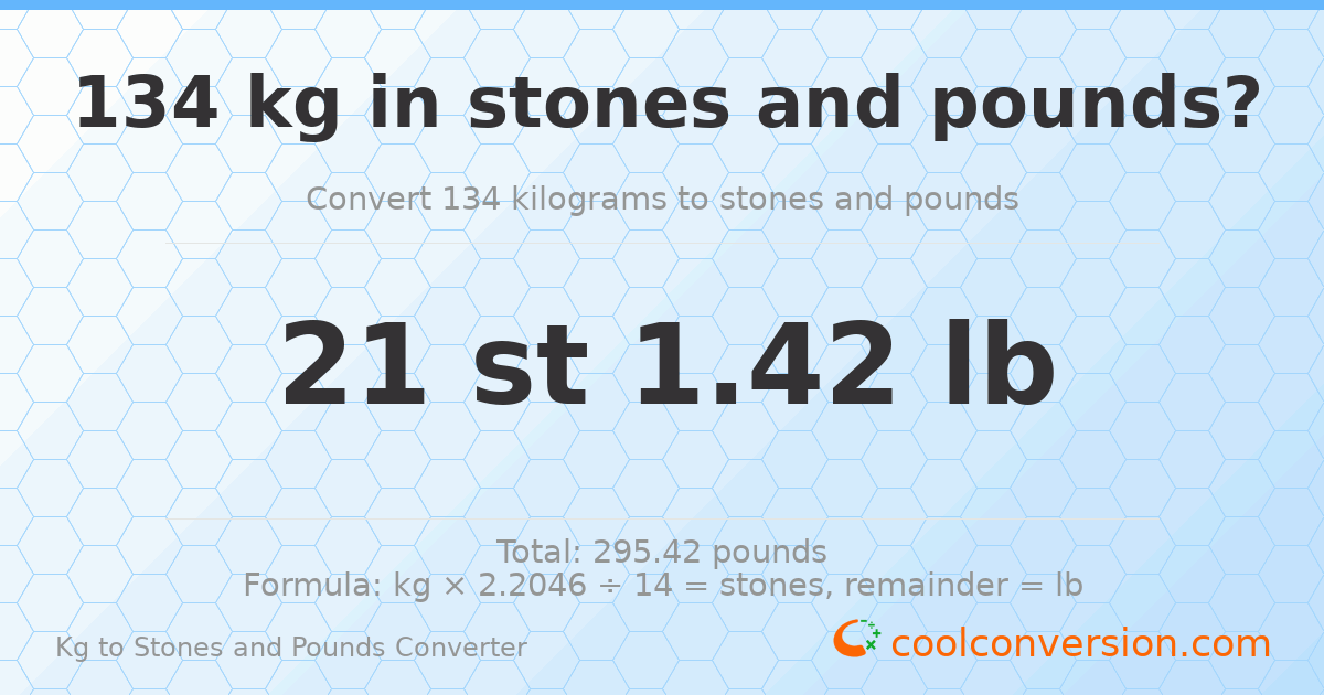 134 kg to stones and pounds — 134 kg = 21 st 1.42 lb