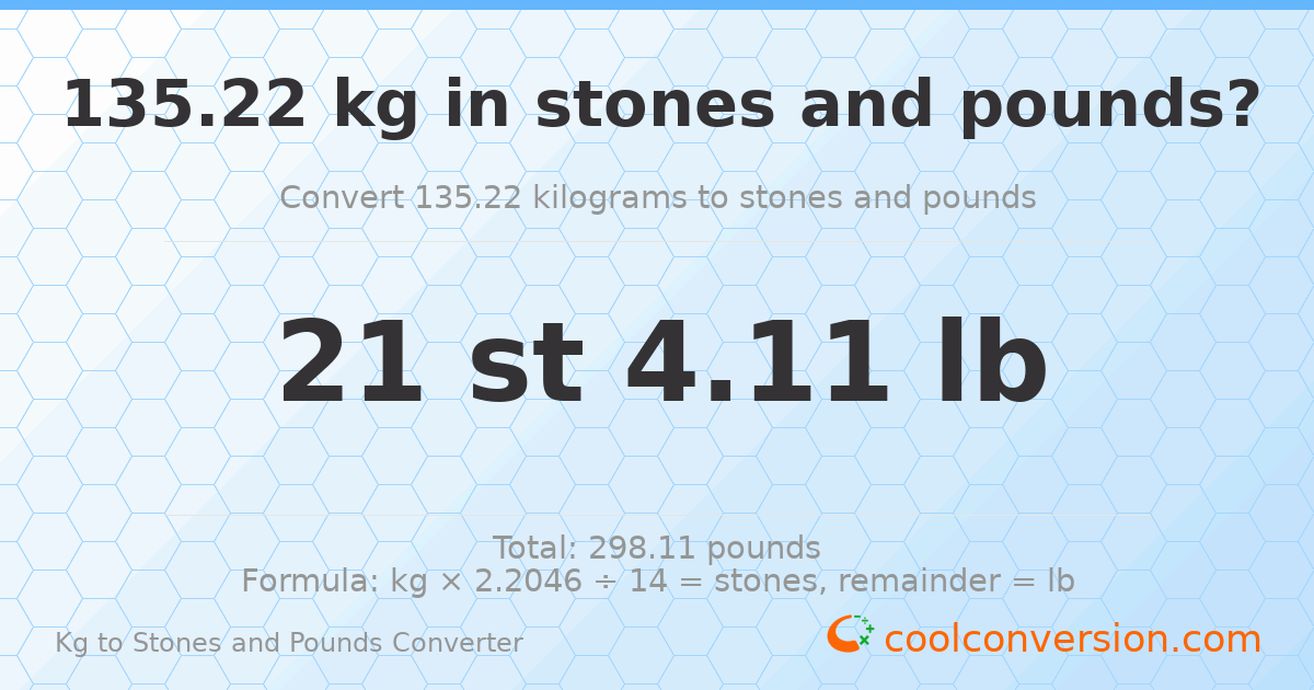 135.22 kg to stones and pounds — 135.22 kg = 21 st 4.11 lb
