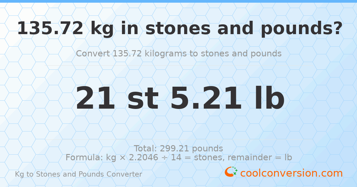 135.72 kg to stones and pounds — 135.72 kg = 21 st 5.21 lb