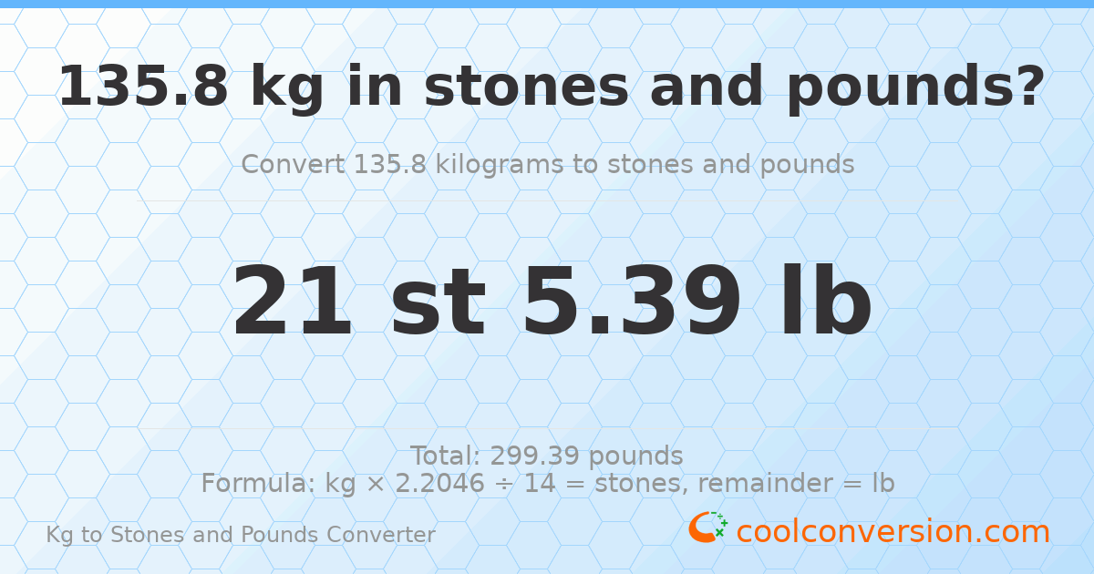 135.80 kg to stones and pounds — 135.80 kg = 21 st 5.39 lb