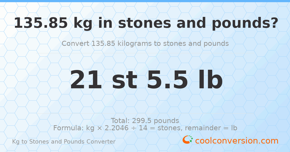 135.85 kg to stones and pounds — 135.85 kg = 21 st 5.50 lb