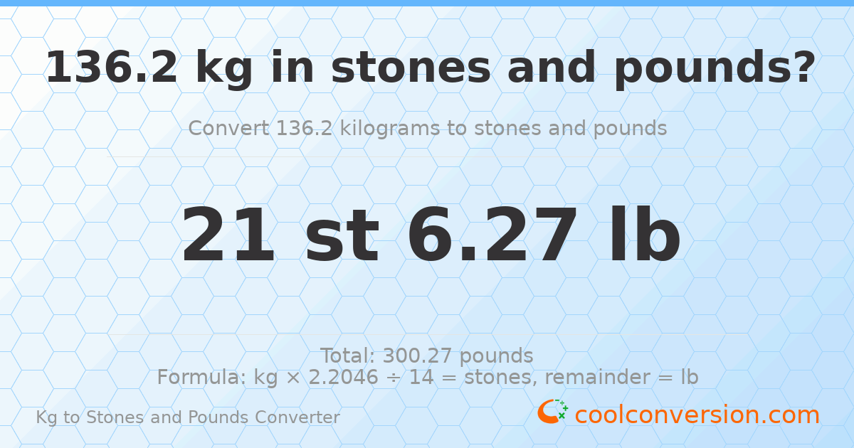 136.20 kg to stones and pounds — 136.20 kg = 21 st 6.27 lb