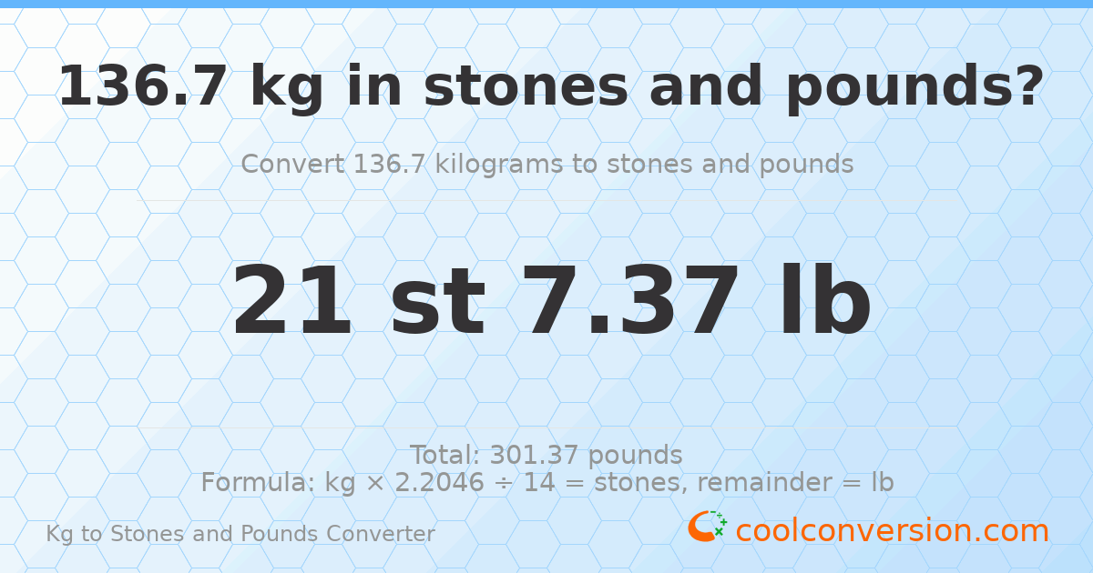 136.70 kg to stones and pounds — 136.70 kg = 21 st 7.37 lb