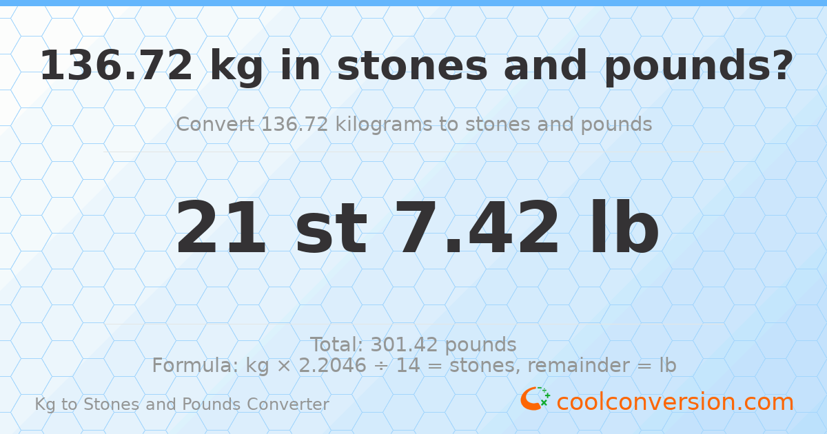 136.72 kg to stones and pounds — 136.72 kg = 21 st 7.42 lb