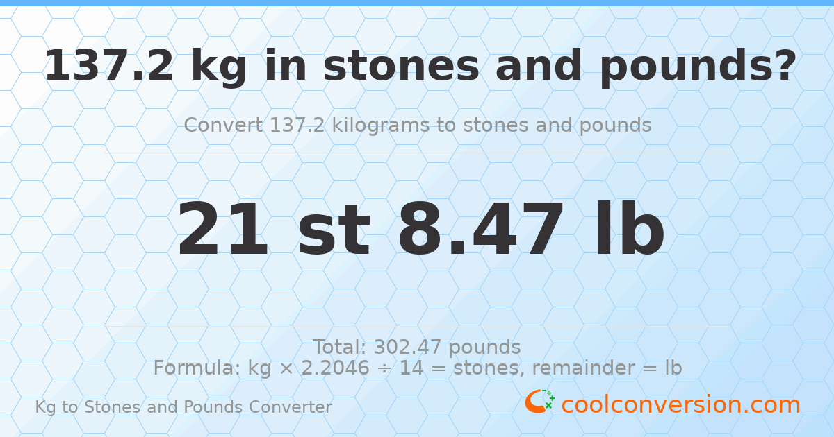 137.20 kg to stones and pounds — 137.20 kg = 21 st 8.47 lb