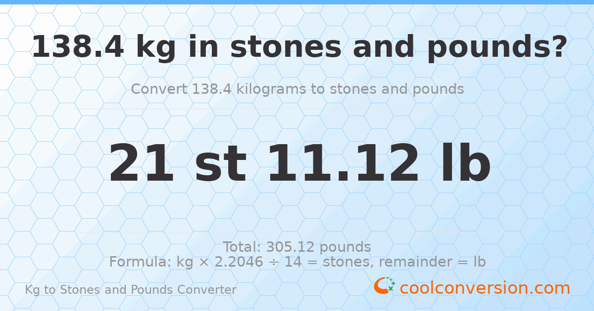 138.40 kg to stones and pounds — 138.40 kg = 21 st 11.12 lb
