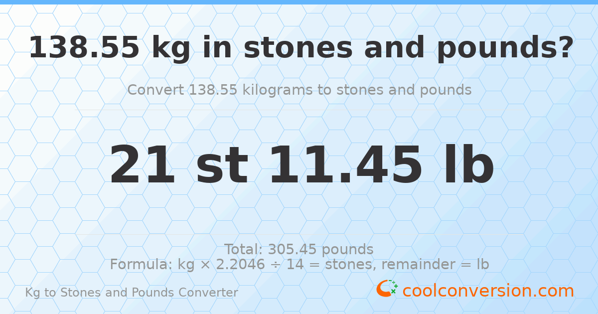 138.55 kg to stones and pounds — 138.55 kg = 21 st 11.45 lb