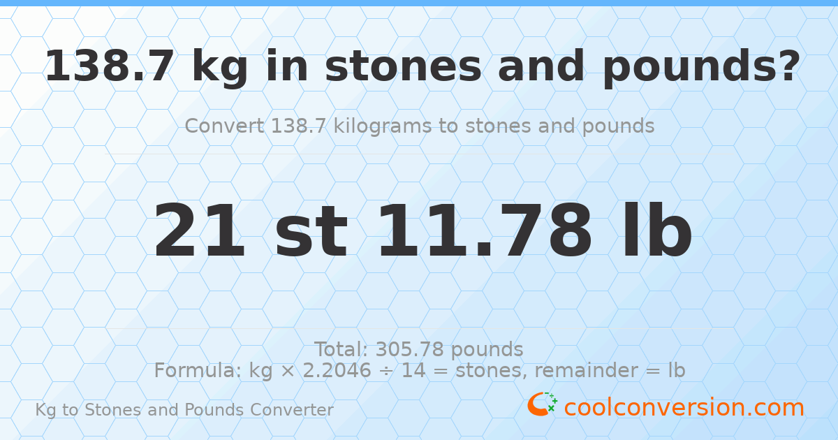 138.70 kg to stones and pounds — 138.70 kg = 21 st 11.78 lb