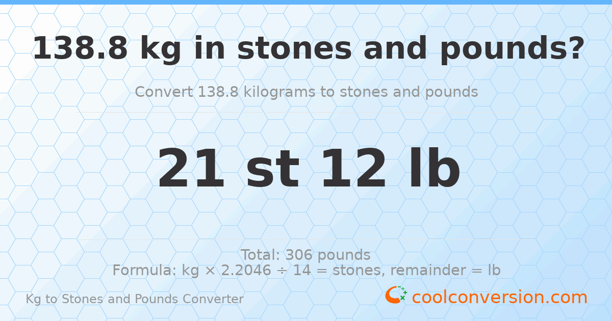 138.8 kg to stones and pounds — 138.8 kg = 21 st 12.00 lb