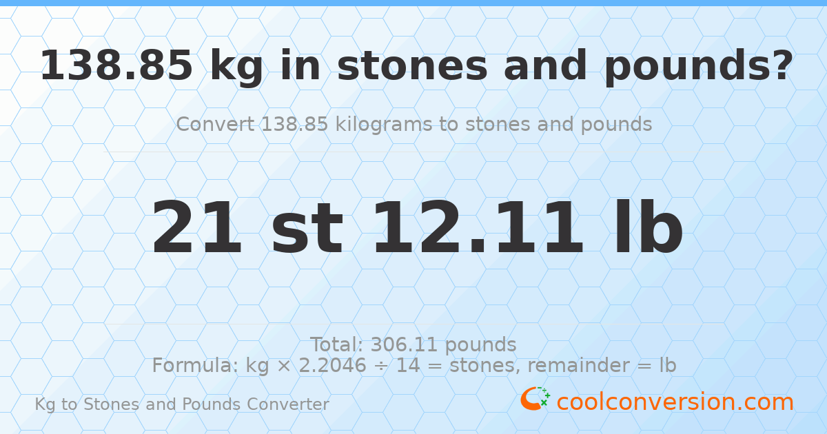 138.85 kg to stones and pounds — 138.85 kg = 21 st 12.11 lb
