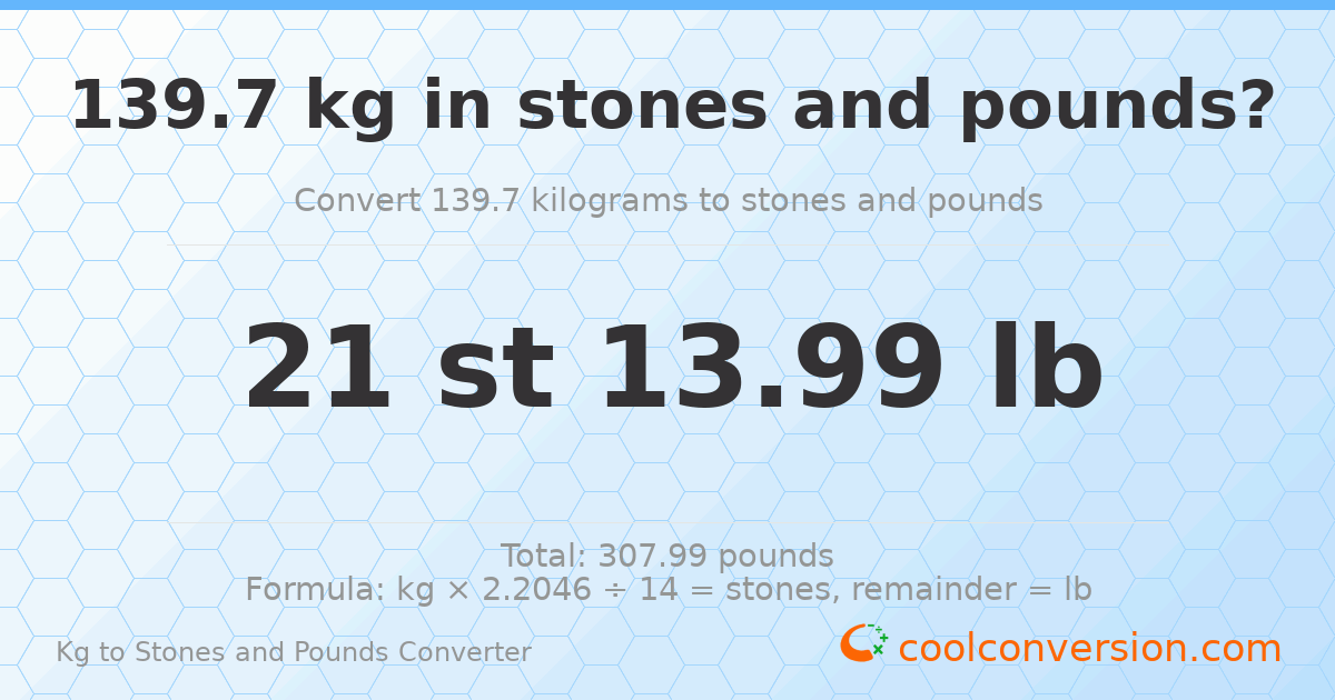 139.70 kg to stones and pounds — 139.70 kg = 21 st 13.99 lb