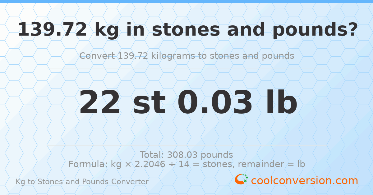 139.72 kg to stones and pounds — 139.72 kg = 22 st 0.03 lb