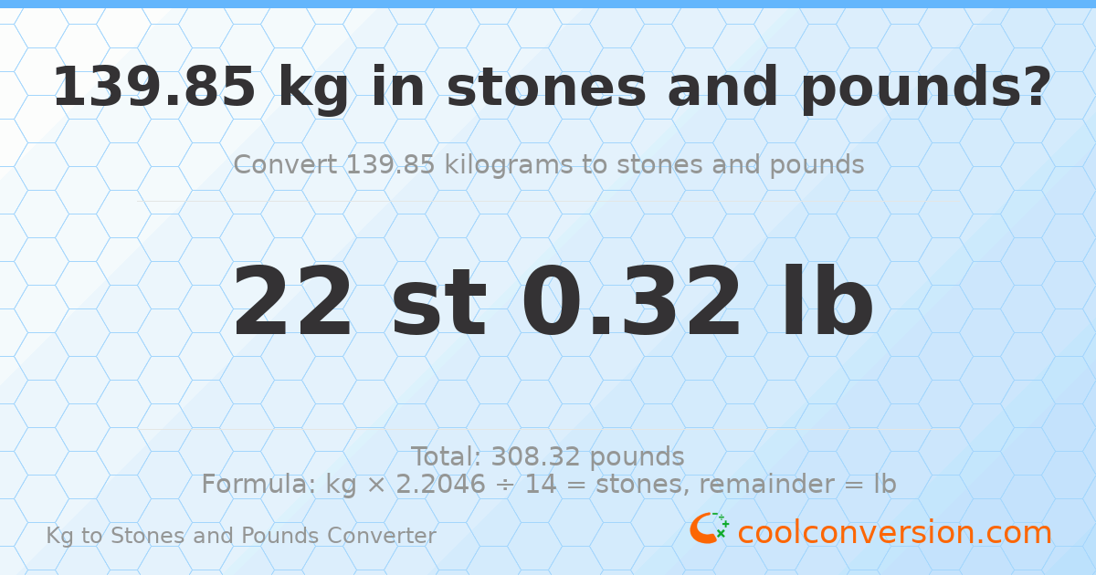 139.85 kg to stones and pounds — 139.85 kg = 22 st 0.32 lb