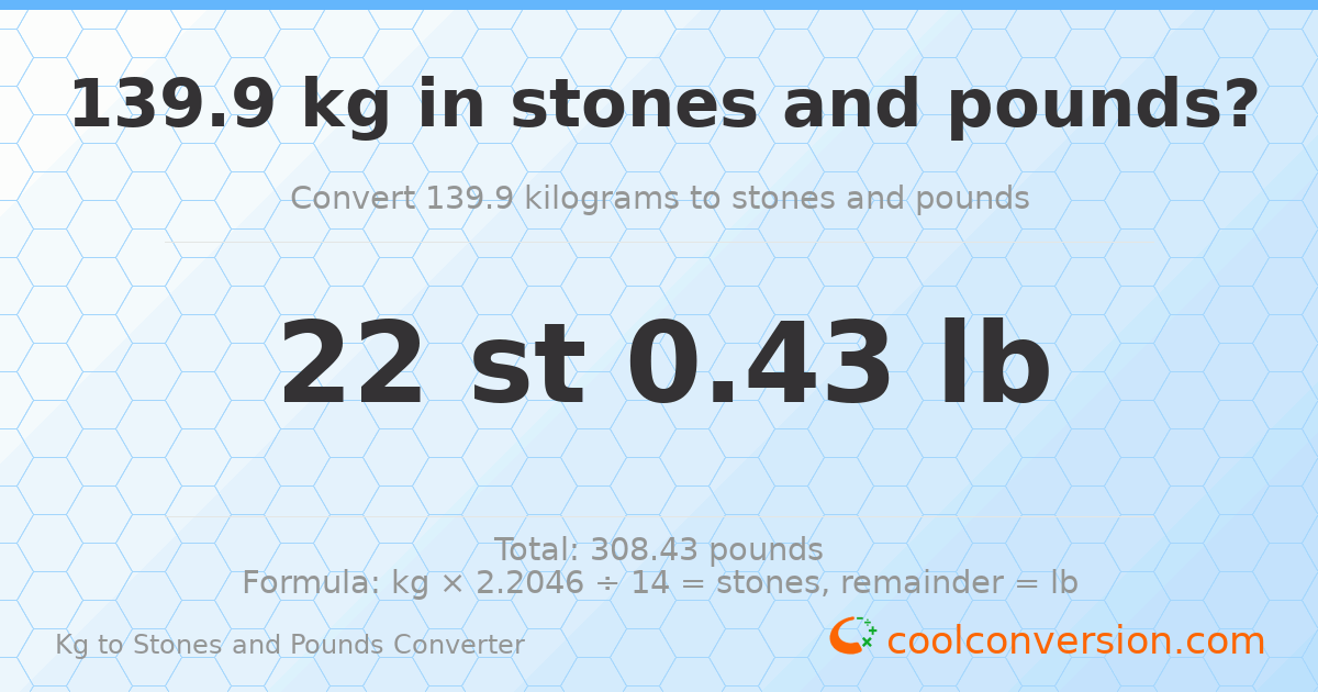 139.9 kg to stones and pounds — 139.9 kg = 22 st 0.43 lb