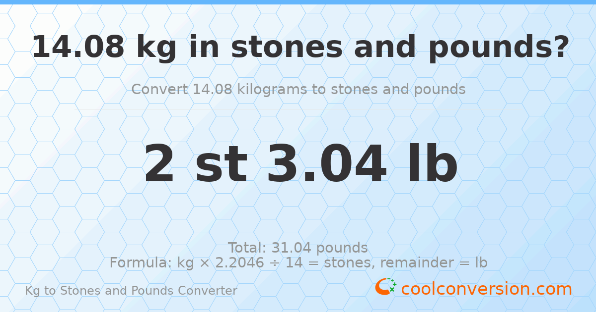 14.08 kg to stones and pounds — 14.08 kg = 2 st 3.04 lb