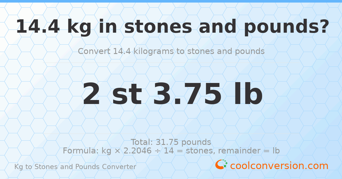 14.4 kg to stones and pounds — 14.4 kg = 2 st 3.75 lb