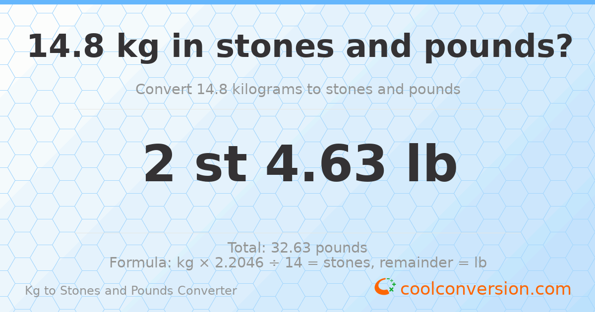 14.8 kg to stones and pounds — 14.8 kg = 2 st 4.63 lb