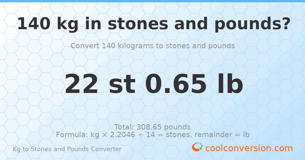 140 kg to stones and pounds — 140 kg = 22 st 0.65 lb