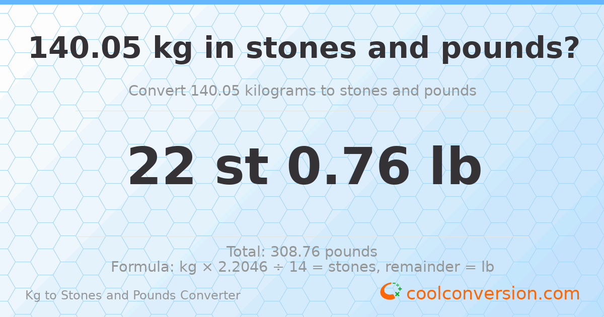 140.05 kg to stones and pounds — 140.05 kg = 22 st 0.76 lb