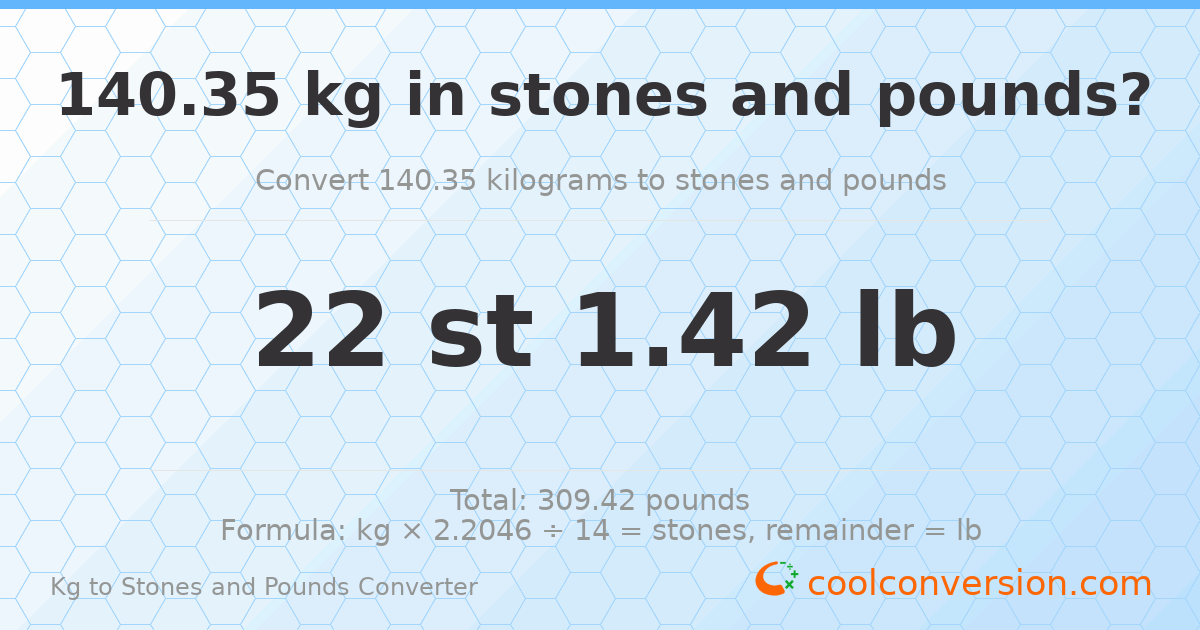 140.35 kg to stones and pounds — 140.35 kg = 22 st 1.42 lb