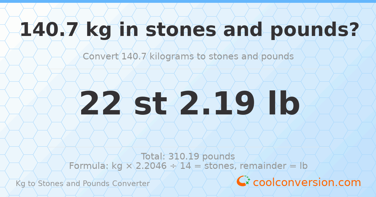 140.7 kg to stones and pounds — 140.7 kg = 22 st 2.19 lb
