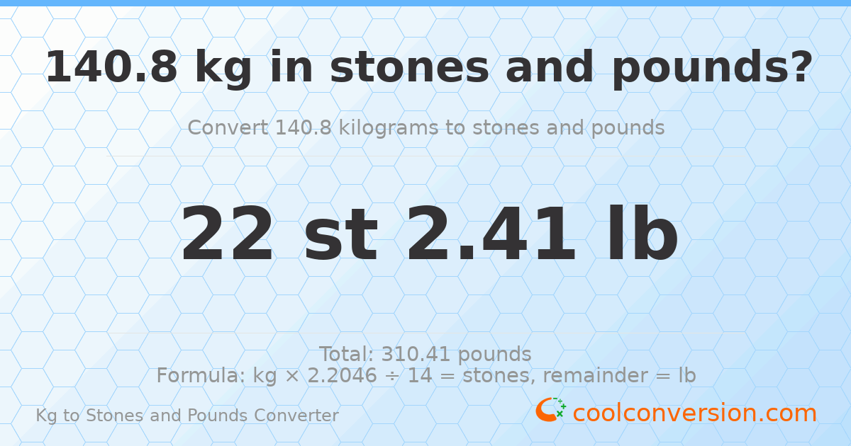 140.8 kg to stones and pounds — 140.8 kg = 22 st 2.41 lb
